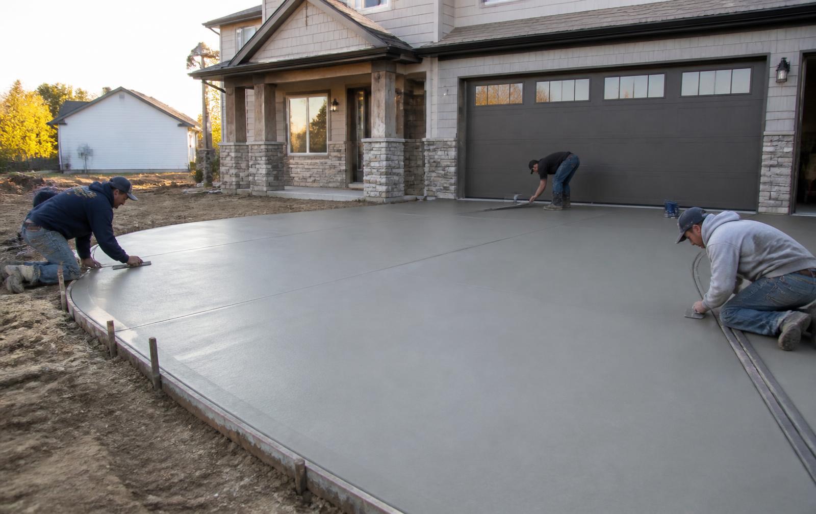 Crew finishing a freshly poured concrete driveway and apron