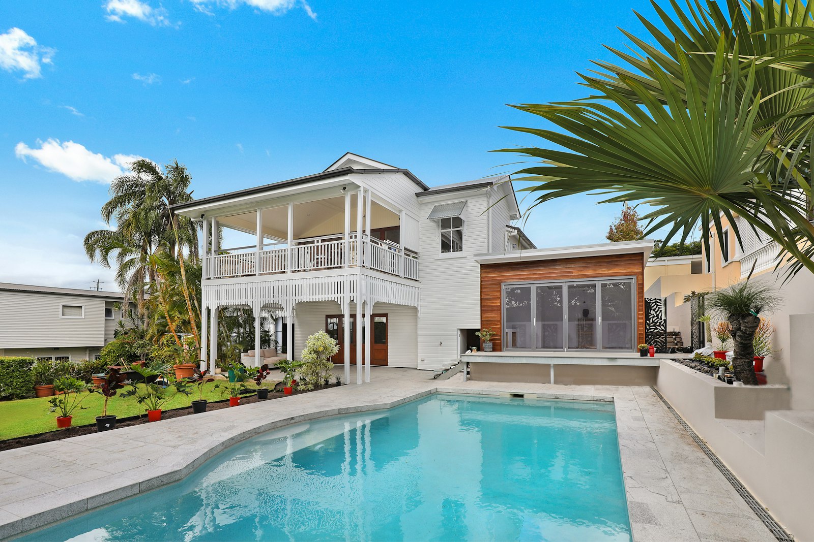 Residential outdoor hardscape with clean concrete surfaces
