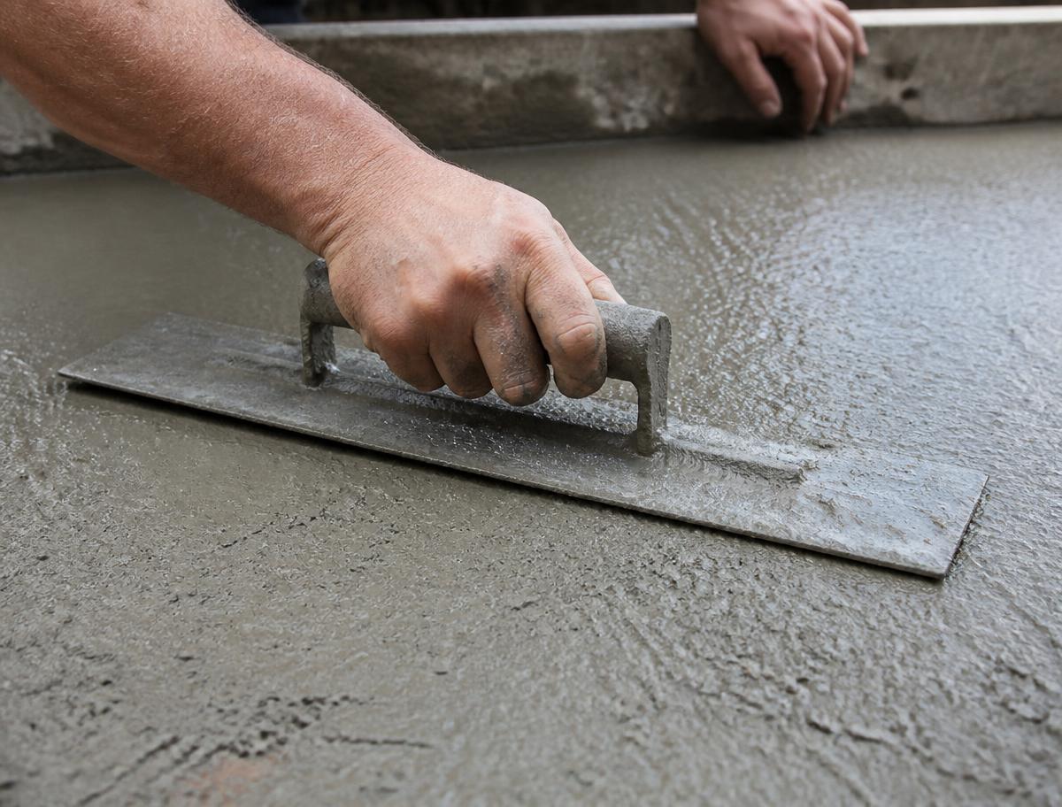Hand float smoothing freshly placed concrete